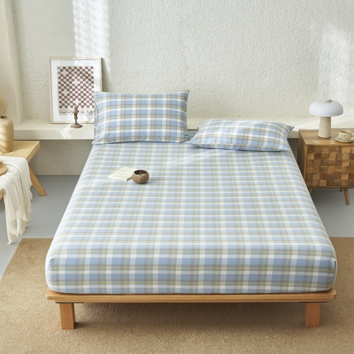 91家纺网 家纺一手货源 找家纺 早晨家纺 2025新款色织纯棉水洗棉床笠 简兮-蓝