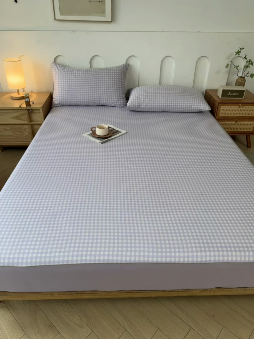 91家纺网 家纺一手货源 找家纺 笠裙家纺 2025新款进口凉感莱赛尔天丝床笠套三件套 美格紫