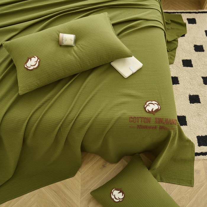 91家纺网 家纺一手货源 找家纺 早晨家纺 2025新款纯棉华夫格床单 纯棉华夫格床单-橄榄绿