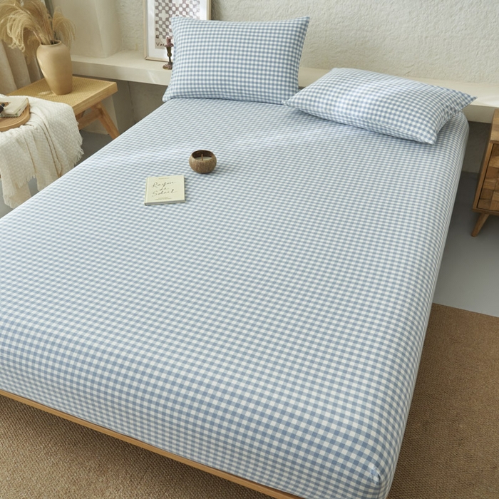 91家纺网 家纺一手货源 找家纺 早晨家纺 2025新款色织纯棉水洗棉床笠 蓝小格