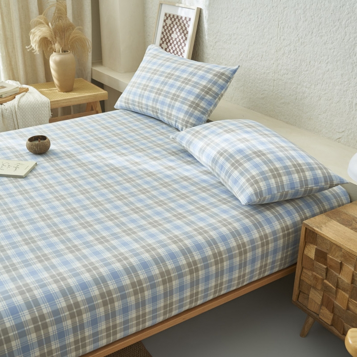 91家纺网 家纺一手货源 找家纺 早晨家纺 2025新款色织纯棉水洗棉床笠 森迪-蓝