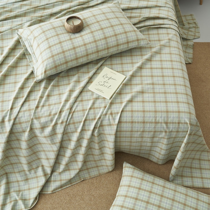 91家纺网 家纺一手货源 找家纺 早晨家纺 2025新款色织纯棉水洗棉床单 梦雨-绿