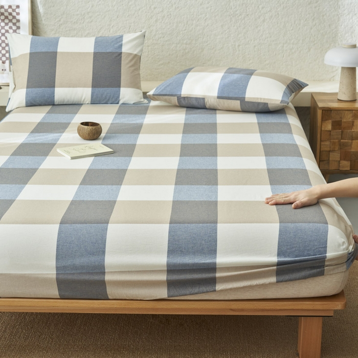 91家纺网 家纺一手货源 找家纺 早晨家纺 2025新款色织纯棉水洗棉床笠 蓝大格