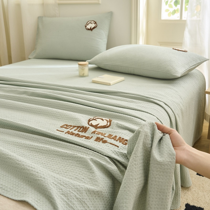 91家纺网 家纺一手货源 找家纺 早晨家纺 2025新款纯棉华夫格床单 纯棉华夫格床单-浅蓝