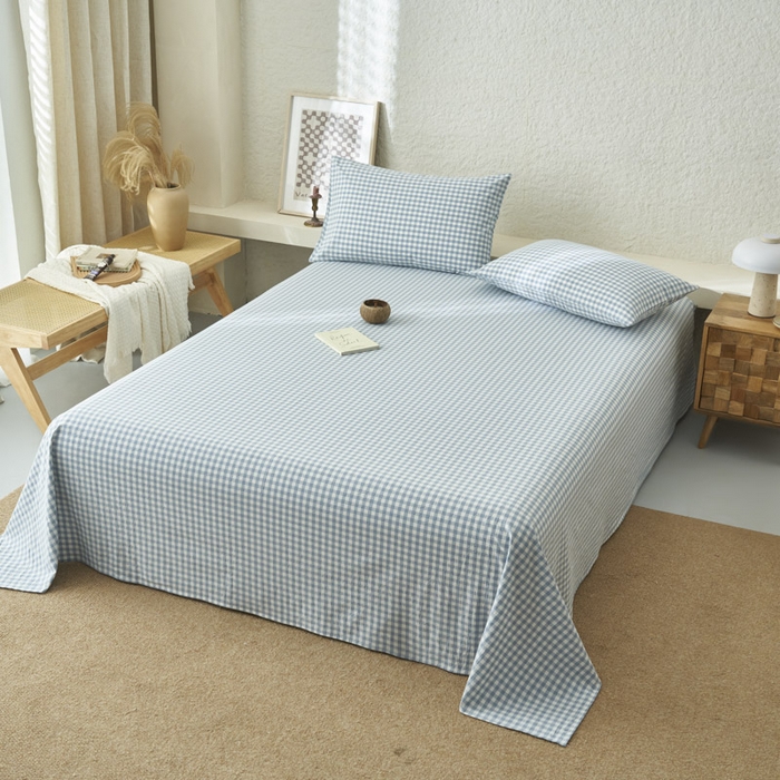 91家纺网 家纺一手货源 找家纺 早晨家纺 2025新款色织纯棉水洗棉床单 蓝小格