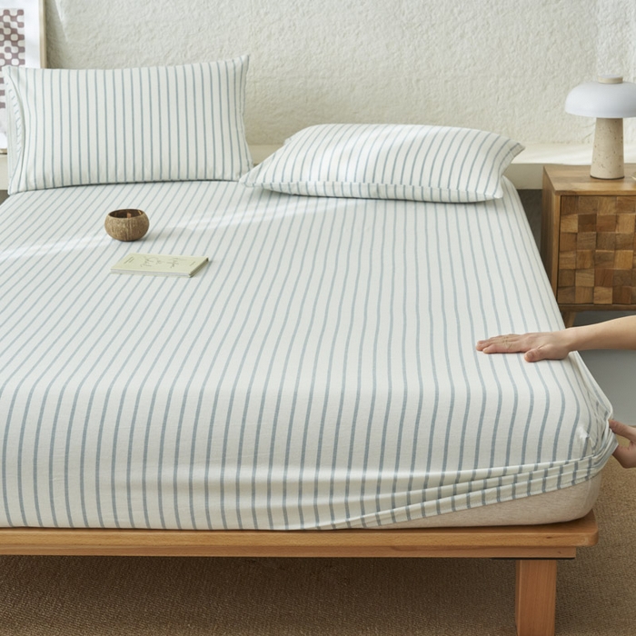 91家纺网 家纺一手货源 找家纺 早晨家纺 2025新款色织纯棉水洗棉床笠 格律时尚-浅兰