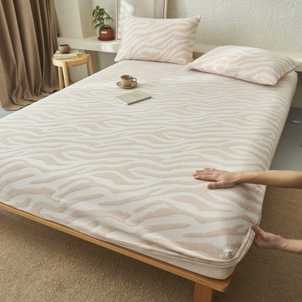 早晨家纺 2025新款三层纱纯棉提花床笠 斑马纹床笠-咖色