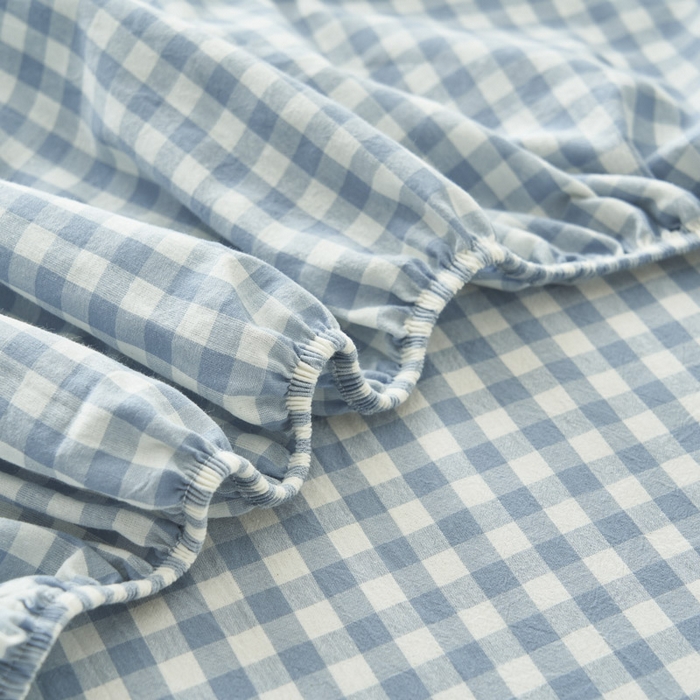 91家纺网 家纺一手货源 找家纺 早晨家纺 2025新款色织纯棉水洗棉床笠 蓝小格