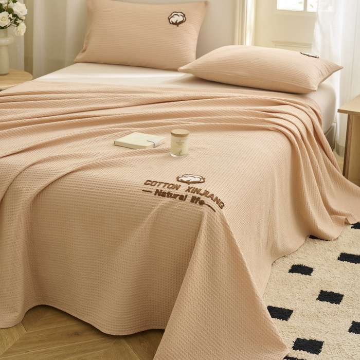 91家纺网 家纺一手货源 找家纺 早晨家纺 2025新款纯棉华夫格床单 纯棉华夫格床单-杏色