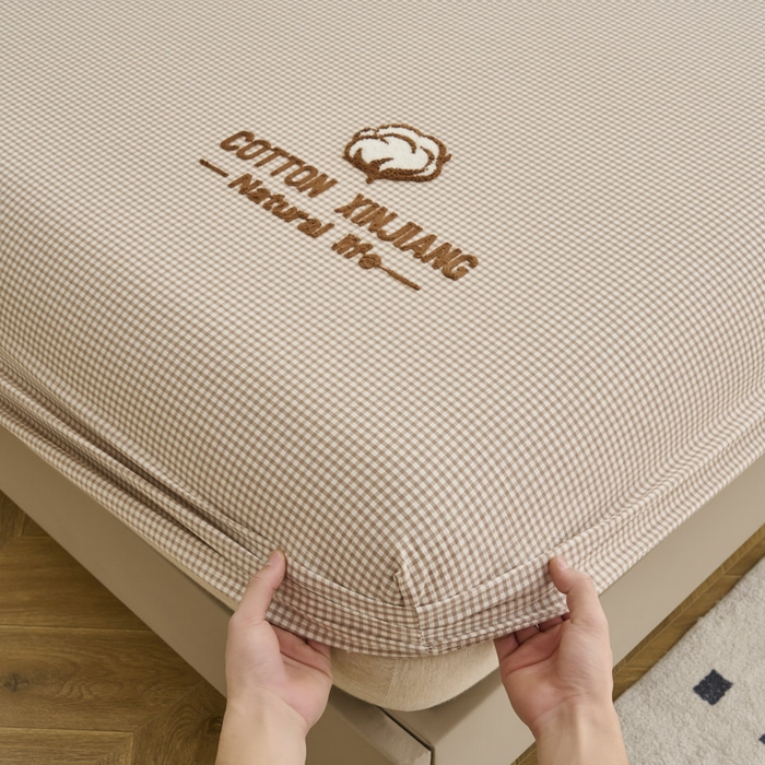 91家纺网 家纺一手货源 找家纺 早晨家纺 2025新款色织纯棉水洗棉毛巾绣床笠 星曜床笠-米咖