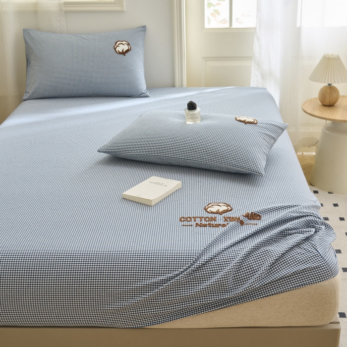 91家纺网 家纺一手货源 找家纺 早晨家纺 2025新款色织纯棉水洗棉毛巾绣床笠 星曜床笠-深蓝