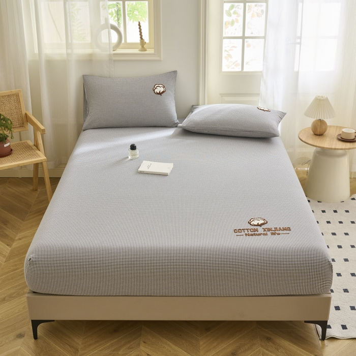 91家纺网 家纺一手货源 找家纺 早晨家纺 2025新款色织纯棉水洗棉毛巾绣床笠 星曜床笠-深灰