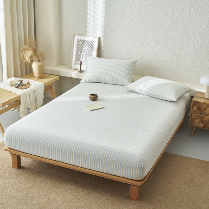 91家纺网 家纺一手货源 找家纺 早晨家纺 2025新款色织纯棉水洗棉床笠 科瑞-蓝