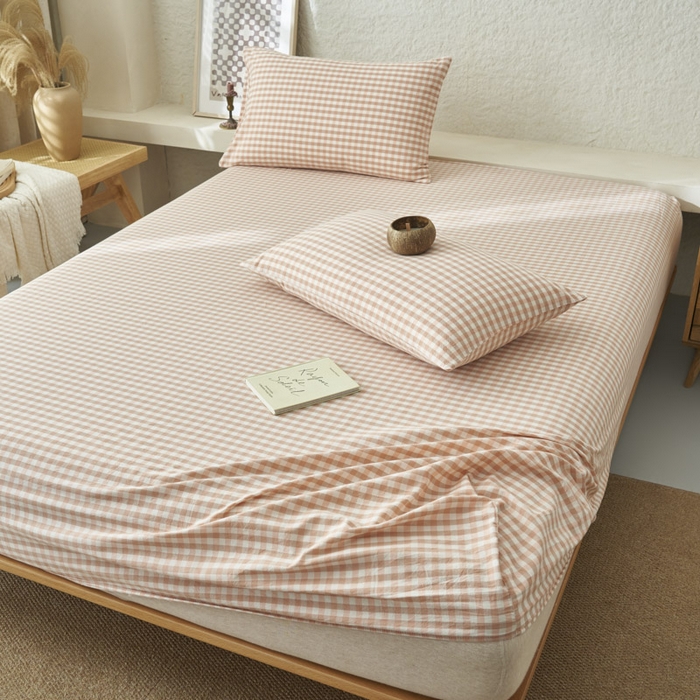 91家纺网 家纺一手货源 找家纺 早晨家纺 2025新款色织纯棉水洗棉床笠 粉小格