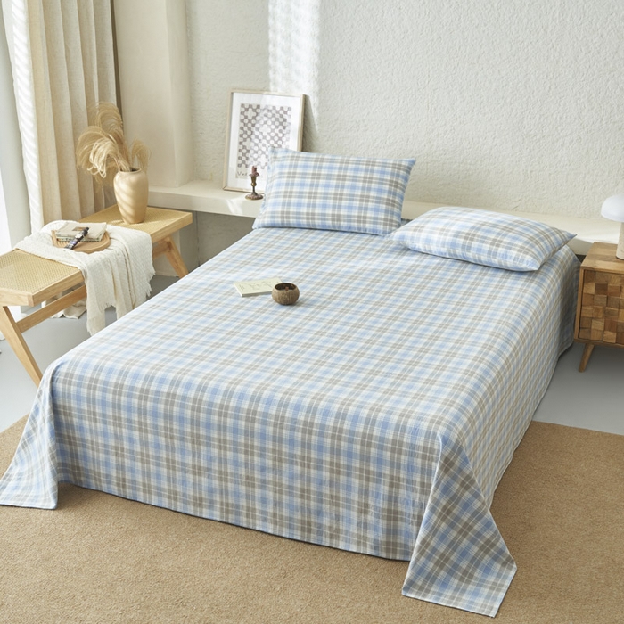 91家纺网 家纺一手货源 找家纺 早晨家纺 2025新款色织纯棉水洗棉床单 森迪-蓝