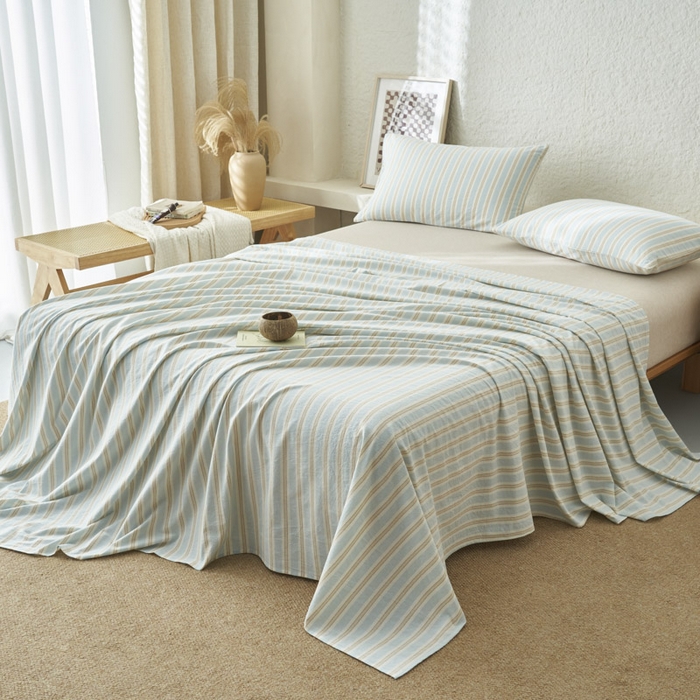 91家纺网 家纺一手货源 找家纺 早晨家纺 2025新款色织纯棉水洗棉床单 科瑞-蓝