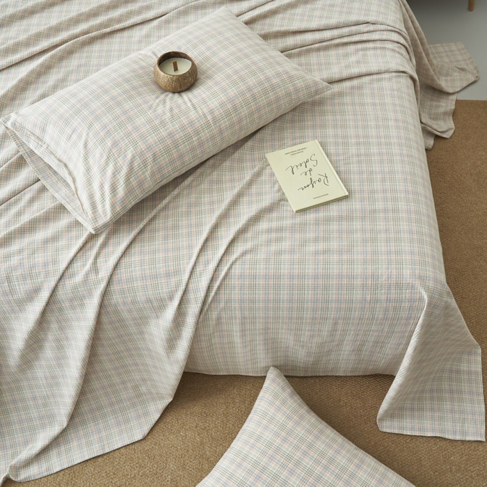 91家纺网 家纺一手货源 找家纺 早晨家纺 2025新款色织纯棉水洗棉床单 丛草集-粉