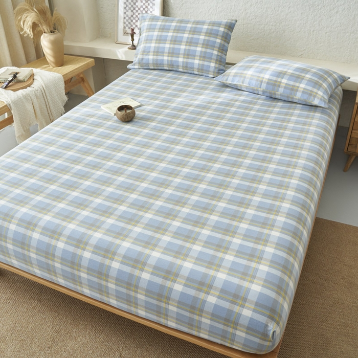 91家纺网 家纺一手货源 找家纺 早晨家纺 2025新款色织纯棉水洗棉床笠 简兮-蓝