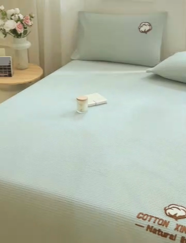 91家纺网 家纺一手货源 找家纺 早晨家纺 2025新款纯棉华夫格床单 纯棉华夫格床单-浅蓝