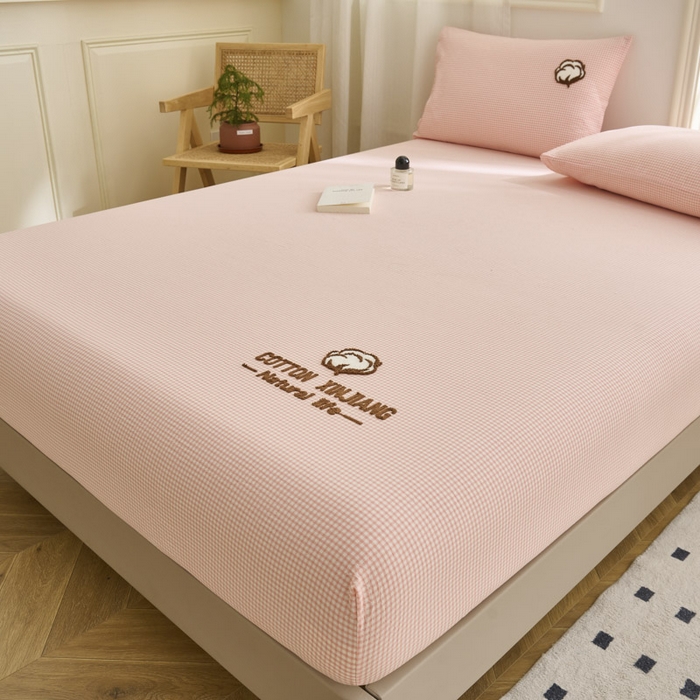 91家纺网 家纺一手货源 找家纺 早晨家纺 2025新款色织纯棉水洗棉毛巾绣床笠 星曜床笠-浅粉