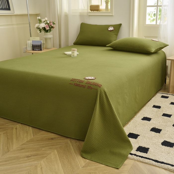 91家纺网 家纺一手货源 找家纺 早晨家纺 2025新款纯棉华夫格床单 纯棉华夫格床单-橄榄绿