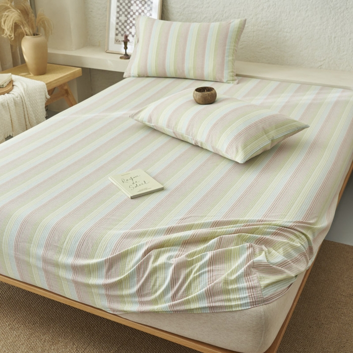 91家纺网 家纺一手货源 找家纺 早晨家纺 2025新款色织纯棉水洗棉床笠 克鲁奇-绿