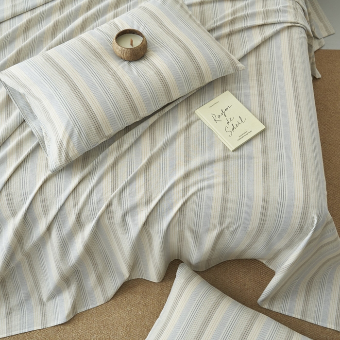 91家纺网 家纺一手货源 找家纺 早晨家纺 2025新款色织纯棉水洗棉床单 凯西亚-蓝