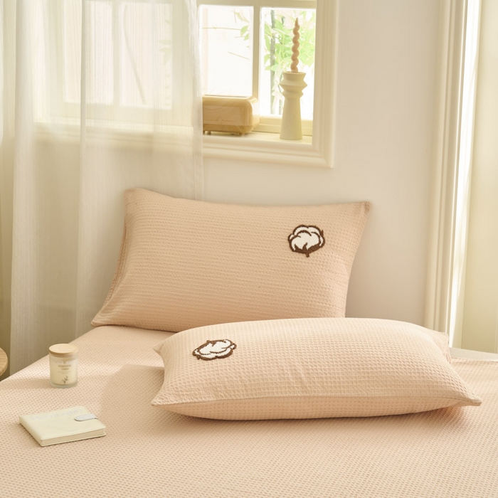 91家纺网 家纺一手货源 找家纺 早晨家纺 2025新款纯棉华夫格床单 纯棉华夫格床单-杏色