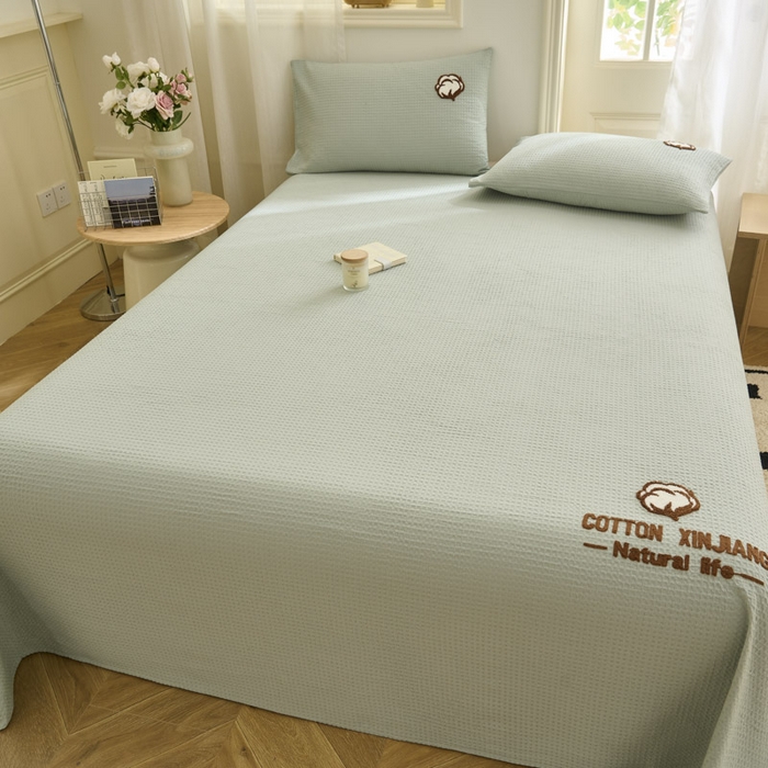 91家纺网 家纺一手货源 找家纺 早晨家纺 2025新款纯棉华夫格床单 纯棉华夫格床单-浅蓝