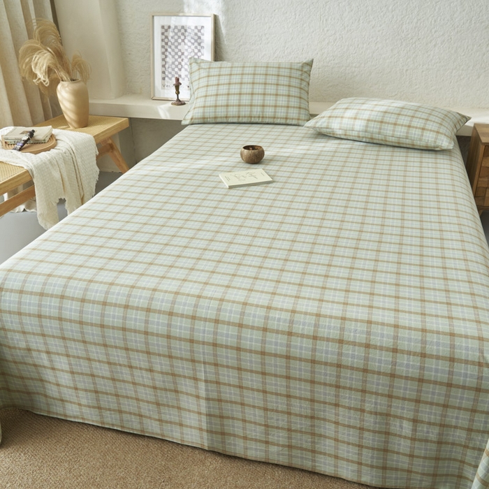 91家纺网 家纺一手货源 找家纺 早晨家纺 2025新款色织纯棉水洗棉床单 梦雨-绿