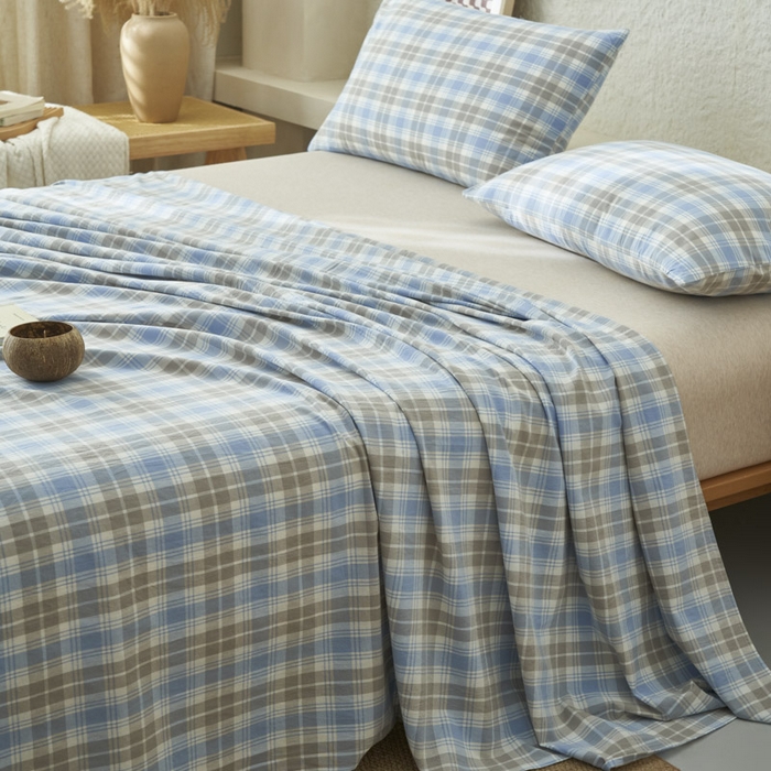 91家纺网 家纺一手货源 找家纺 早晨家纺 2025新款色织纯棉水洗棉床单 森迪-蓝