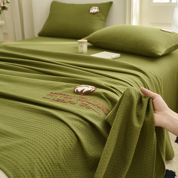 91家纺网 家纺一手货源 找家纺 早晨家纺 2025新款纯棉华夫格床单 纯棉华夫格床单-橄榄绿