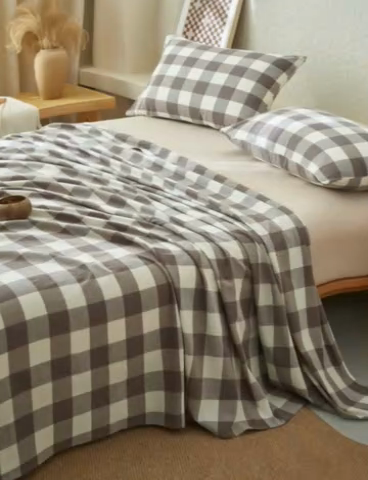 91家纺网 家纺一手货源 找家纺 早晨家纺 2025新款色织纯棉水洗棉床单 灰中格