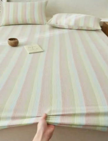 91家纺网 家纺一手货源 找家纺 早晨家纺 2025新款色织纯棉水洗棉床笠 克鲁奇-绿