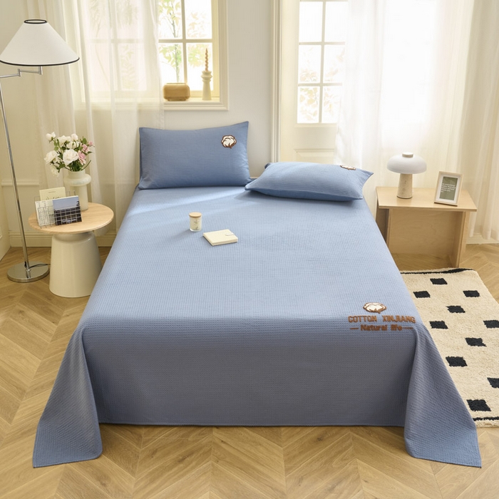91家纺网 家纺一手货源 找家纺 早晨家纺 2025新款纯棉华夫格床单 纯棉华夫格床单-宾利蓝