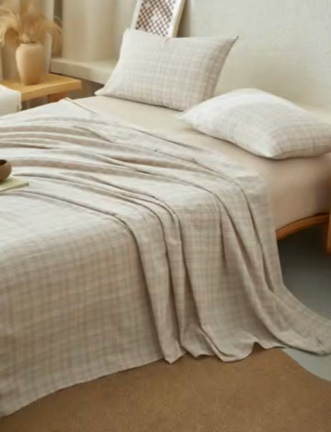 91家纺网 家纺一手货源 找家纺 早晨家纺 2025新款色织纯棉水洗棉床单 丛草集-粉