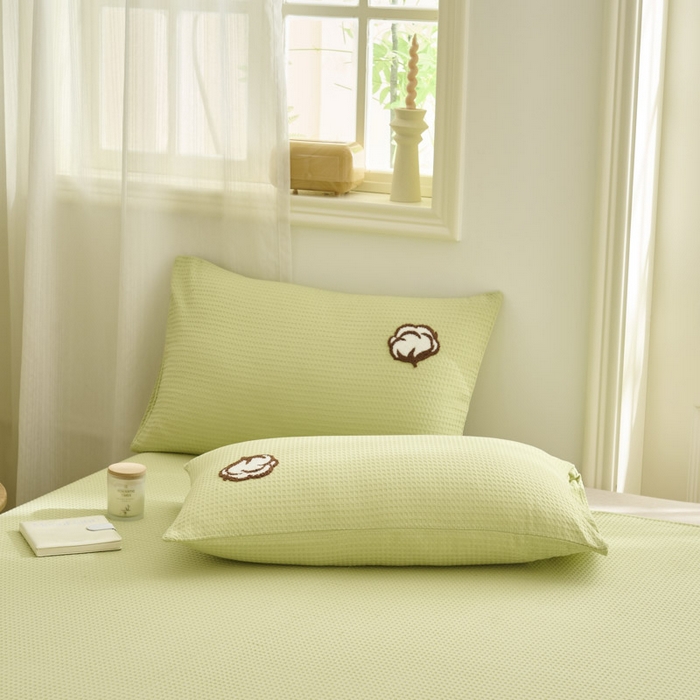 91家纺网 家纺一手货源 找家纺 早晨家纺 2025新款纯棉华夫格床单 纯棉华夫格床单-黄绿