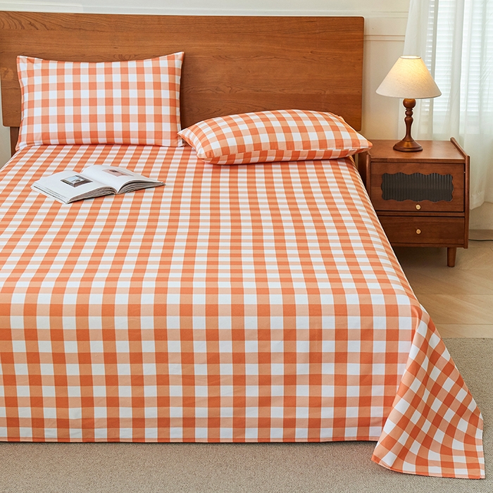 91家纺网 家纺一手货源 找家纺 义博家纺 2025新款纯棉老粗布床单 夏日橙中格