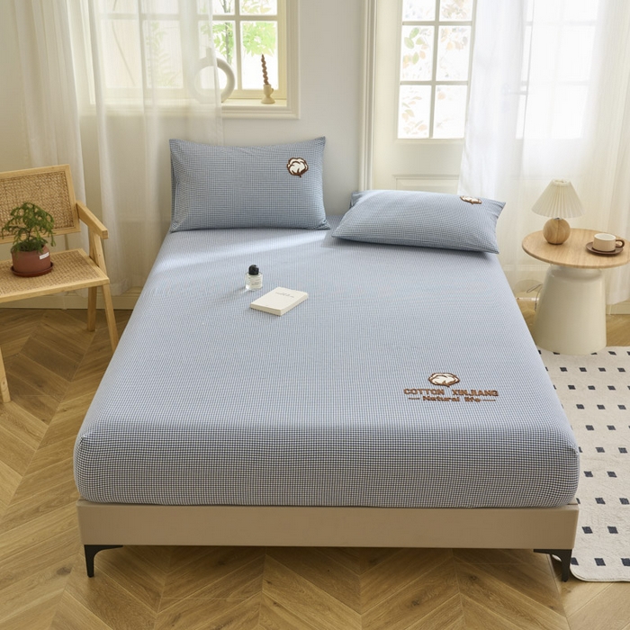 91家纺网 家纺一手货源 找家纺 早晨家纺 2025新款色织纯棉水洗棉毛巾绣床笠 星曜床笠-深蓝