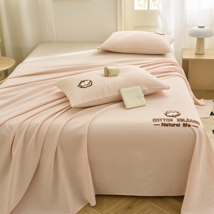 91家纺网 家纺一手货源 找家纺 早晨家纺 2025新款纯棉华夫格床单 纯棉华夫格床单-玉色