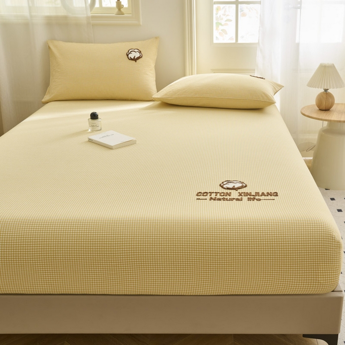 91家纺网 家纺一手货源 找家纺 早晨家纺 2025新款色织纯棉水洗棉毛巾绣床笠 星曜床笠-姜黄