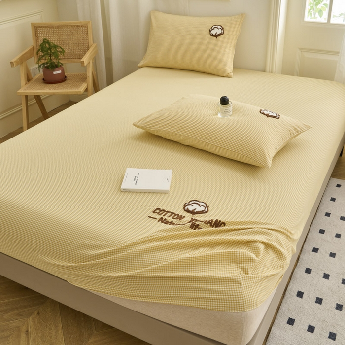 91家纺网 家纺一手货源 找家纺 早晨家纺 2025新款色织纯棉水洗棉毛巾绣床笠 星曜床笠-姜黄