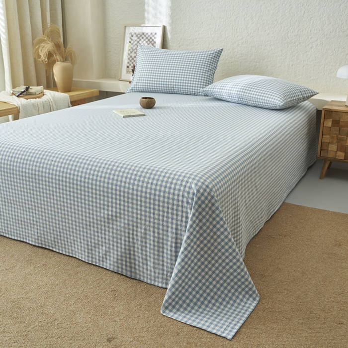 91家纺网 家纺一手货源 找家纺 早晨家纺 2025新款色织纯棉水洗棉床单 蓝小格