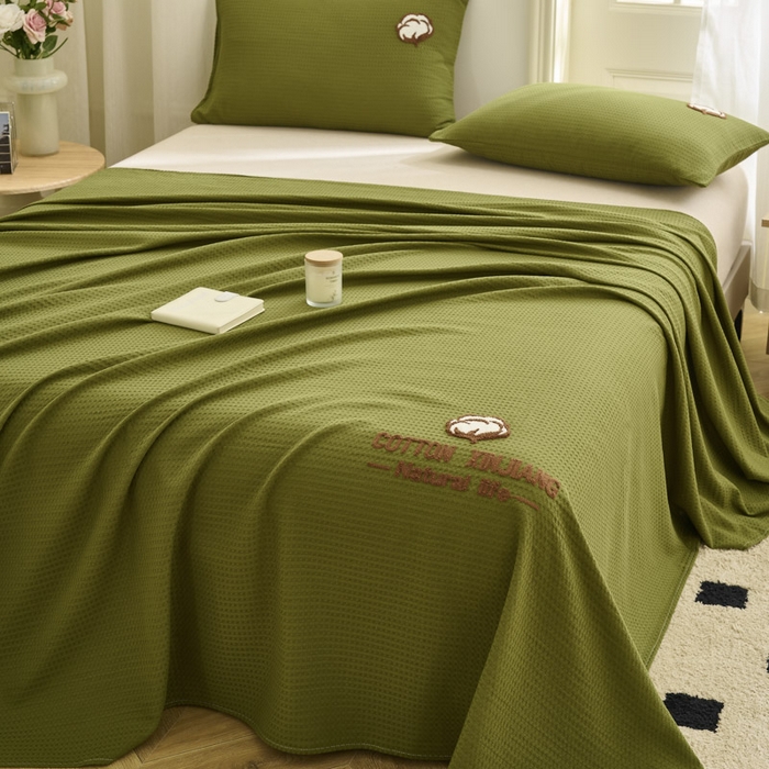 91家纺网 家纺一手货源 找家纺 早晨家纺 2025新款纯棉华夫格床单 纯棉华夫格床单-橄榄绿