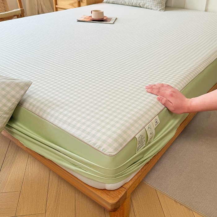 91家纺网 家纺一手货源 找家纺 笠裙家纺 2025新款进口凉感莱赛尔天丝床笠套三件套 美格绿