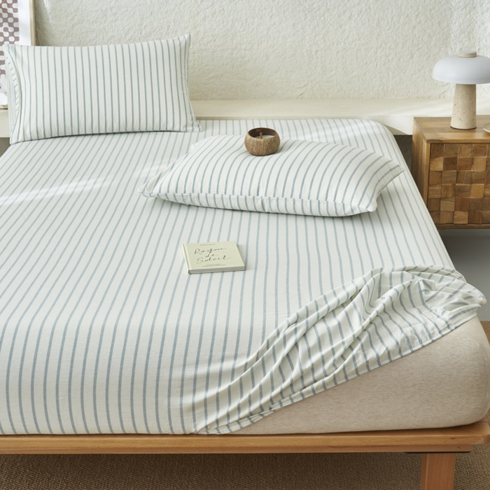 91家纺网 家纺一手货源 找家纺 早晨家纺 2025新款色织纯棉水洗棉床笠 格律时尚-浅兰