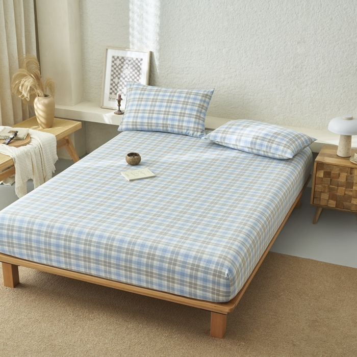 91家纺网 家纺一手货源 找家纺 早晨家纺 2025新款色织纯棉水洗棉床笠 森迪-蓝