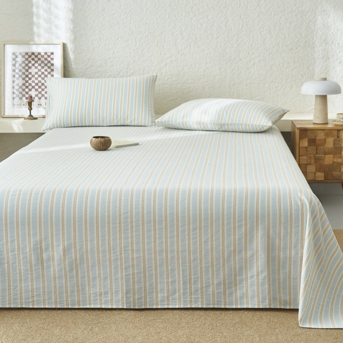 91家纺网 家纺一手货源 找家纺 早晨家纺 2025新款色织纯棉水洗棉床单 科瑞-蓝