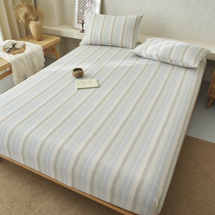 91家纺网 家纺一手货源 找家纺 早晨家纺 2025新款色织纯棉水洗棉床笠 凯西亚-蓝