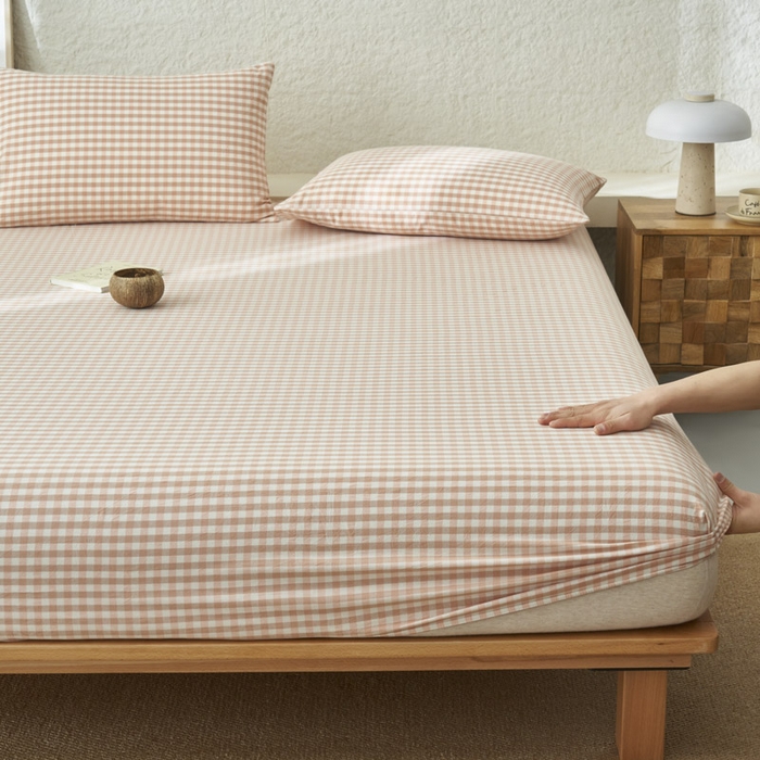 91家纺网 家纺一手货源 找家纺 早晨家纺 2025新款色织纯棉水洗棉床笠 粉小格